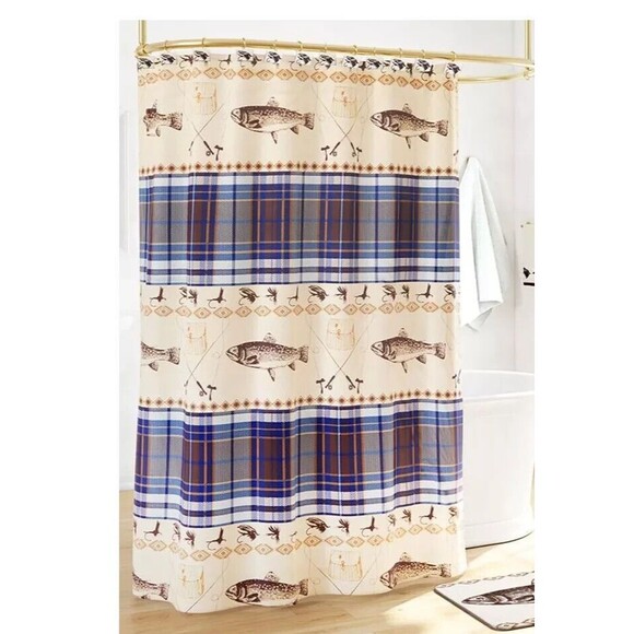 Fly Fishing Shower Curtain Rod Reel Lures Fish Lodge Blue Plaid Tan 72" sq. NEW - Picture 3 of 4